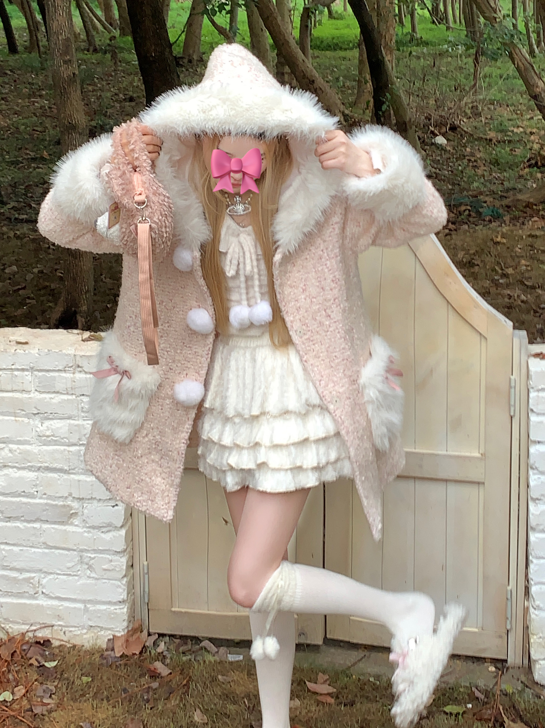 秋冬甜美温柔粉连帽毛呢大衣