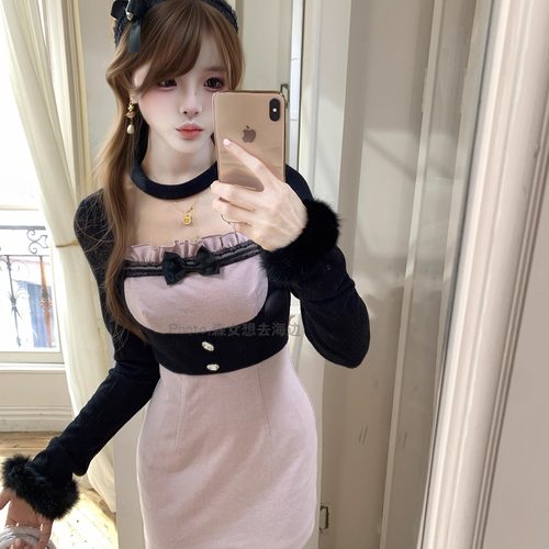 甜酷少女粉紫连衣裙修身显瘦