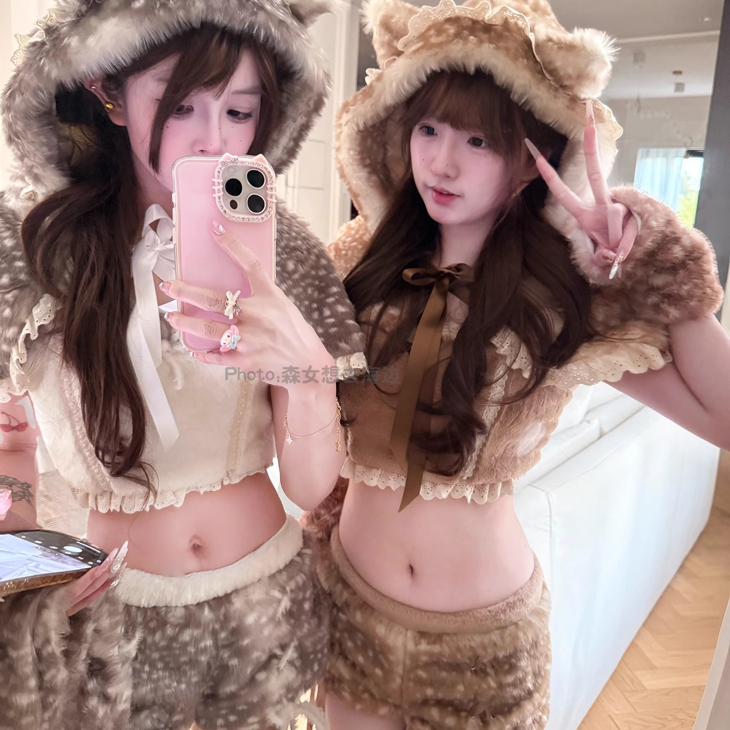 可爱小鹿纹圣诞风套装斗篷短裤