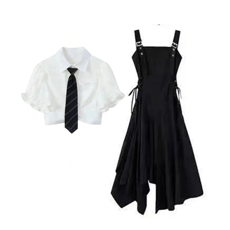 thumbnail for College Style Fresh and Slimming Ruffled Short-Sleeved Shirt with Irregular Suspender Dress for Female Students Two-Piece Set