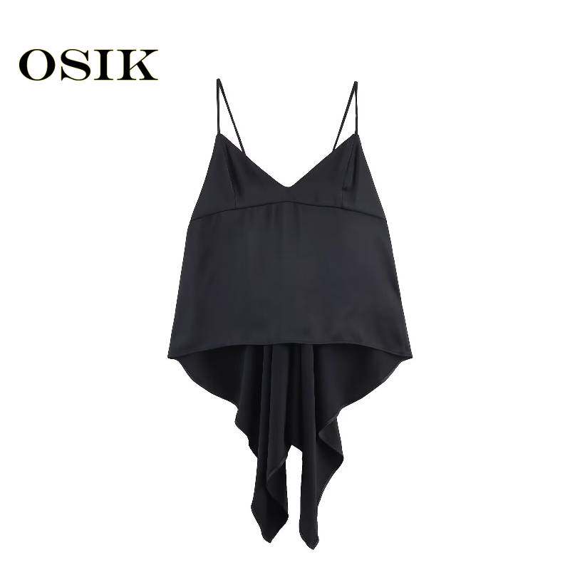 OSIK 欧美批发外贸女装设计感不对称丝缎质感内衣式上衣  9938366