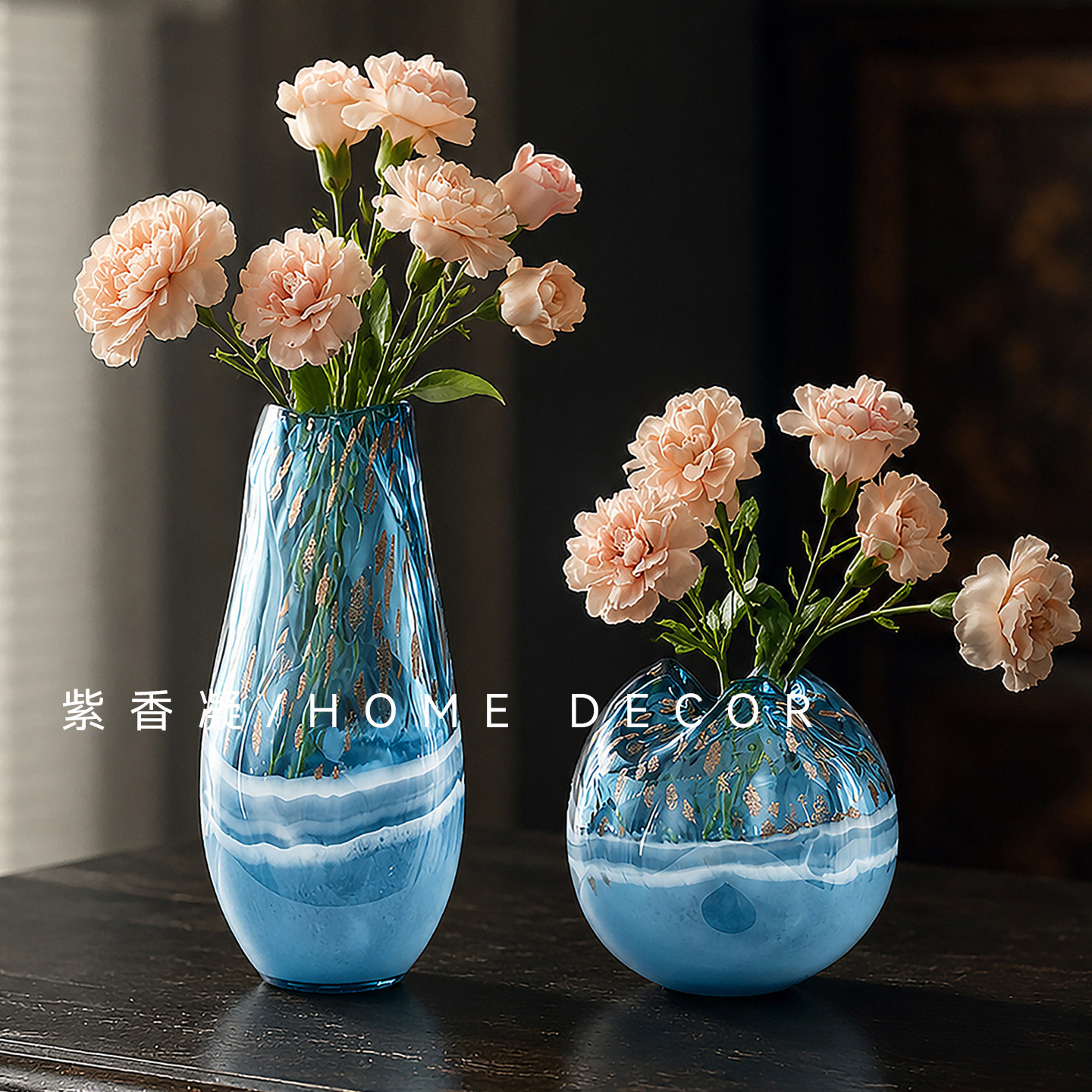 轻奢湖蓝渐变金箔玻璃花瓶高级感图片