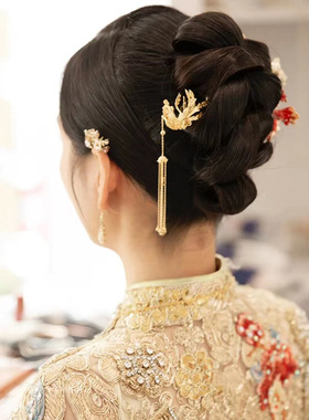 中式国风凤凰发簪女结婚新娘金色凤钗秀禾服头饰古风凤簪婚庆簪子
