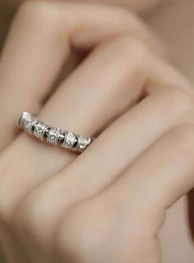 925银新中式唐草纹六字真言戒指复古做旧保平安设计感可转动指环