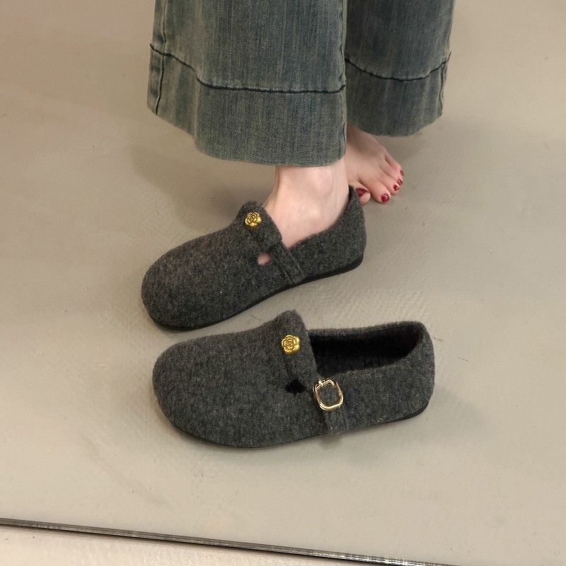法式复古毛呢平底鞋女搭扣圆头懒人一脚蹬加绒保暖豆豆玛丽珍鞋,女鞋,乐福鞋（豆豆鞋）,淘宝优惠券,粉丝福利购,淘宝优惠卷