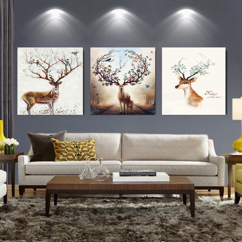 欧式风卧室餐厅沙发招财鹿三联画
