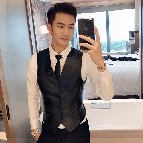 6376-P50 外贸休闲皮马甲男士英伦百搭修身背心单排扣7XL大码男装