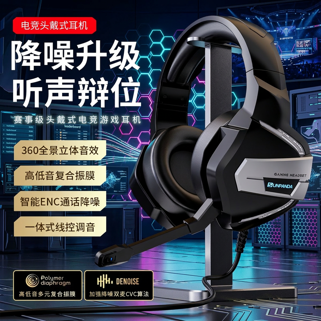 头戴式耳机有线游戏降噪耳麦听声辨位专用台式电脑笔记本带麦克风