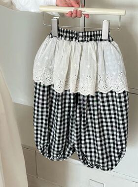 儿童裤子2026韩版宽松休闲蕾丝花边皮帘格子裤女童收口洋气灯笼裤