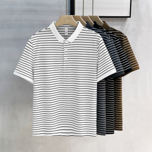 简潮商务休闲黑白条纹小翻领半袖 短袖 棉透气t恤 男士 高品质POLO衫