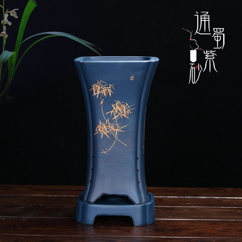 陶瓷带底座四方束腰刻绘春兰花盆图片