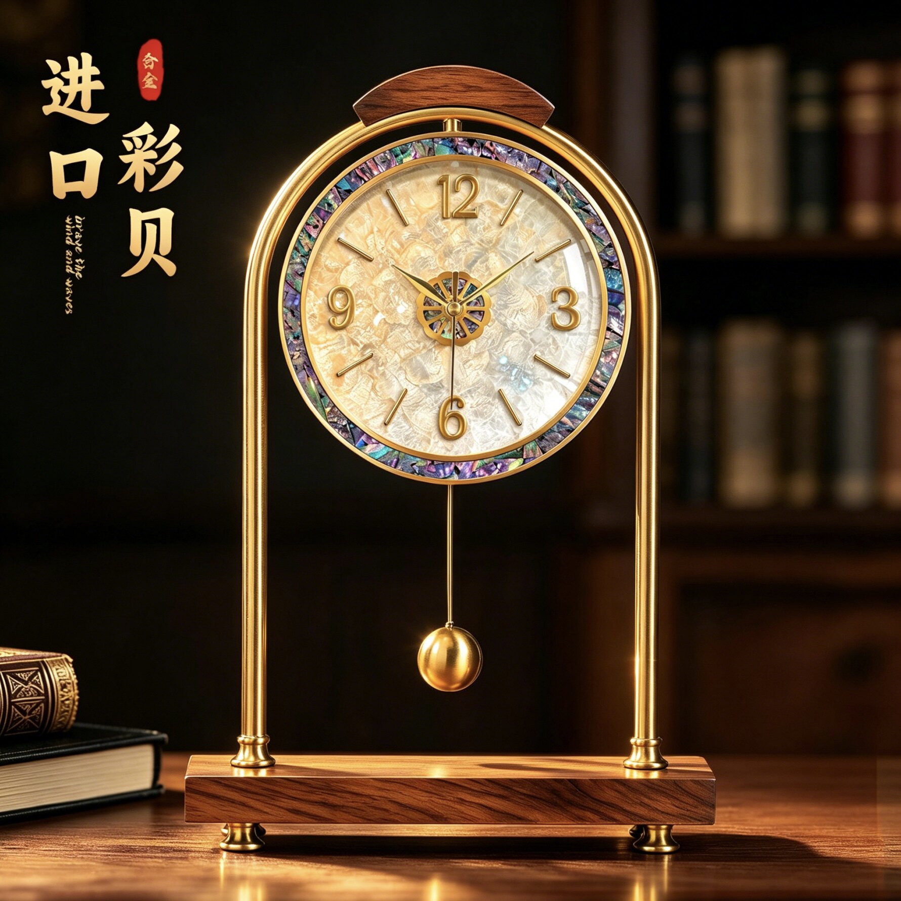 美式复古实木贝壳座钟轻奢高级感