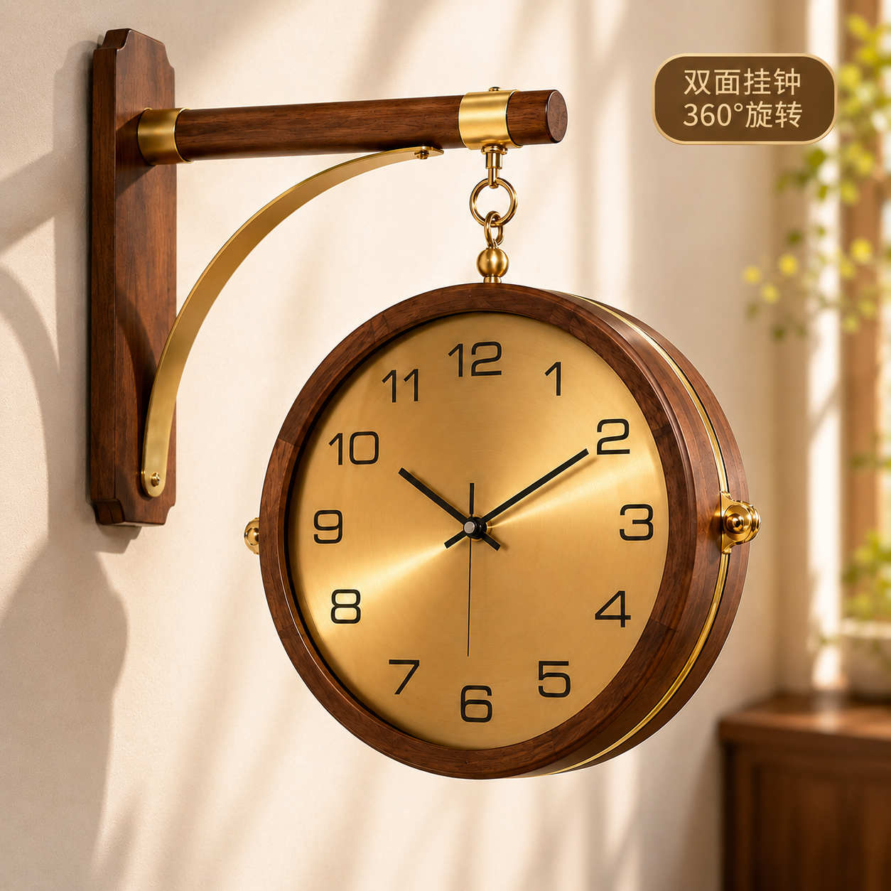【金属+实木材质】双面简约挂钟