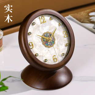 饰坐钟 复古创意装 轻奢贝壳座钟2026新款 高级简约实木时钟摆件美式