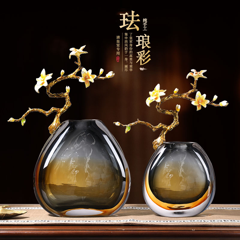 新中式珐琅彩大气玻璃装饰花瓶摆件高档玄关酒柜客U厅高端家居饰