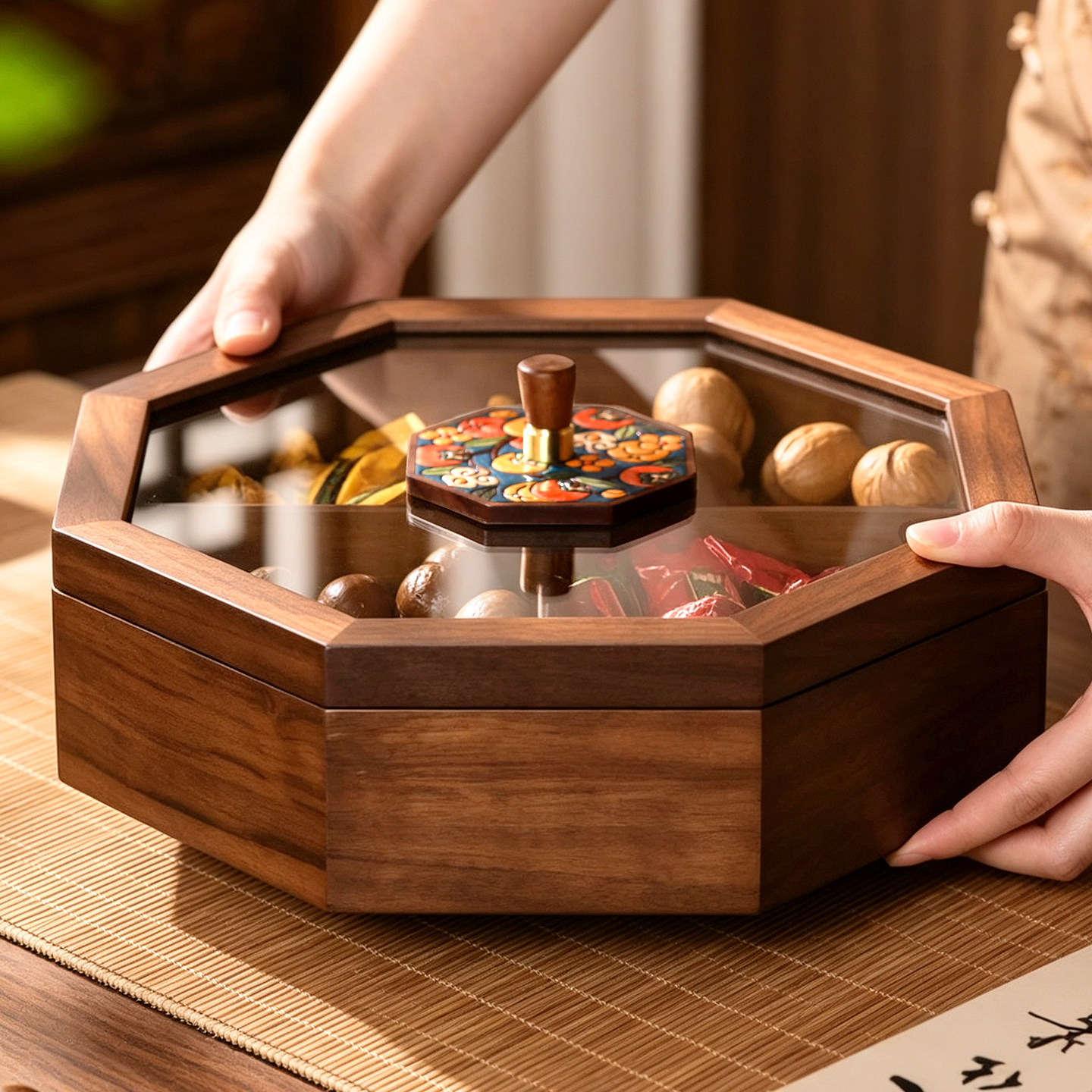 胡桃木轻奢多格干果盒