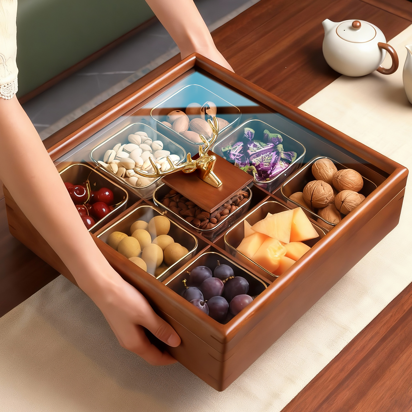 九宫格实木干果盒高端精致高颜值客厅茶几收纳家用水果盘2025新款
