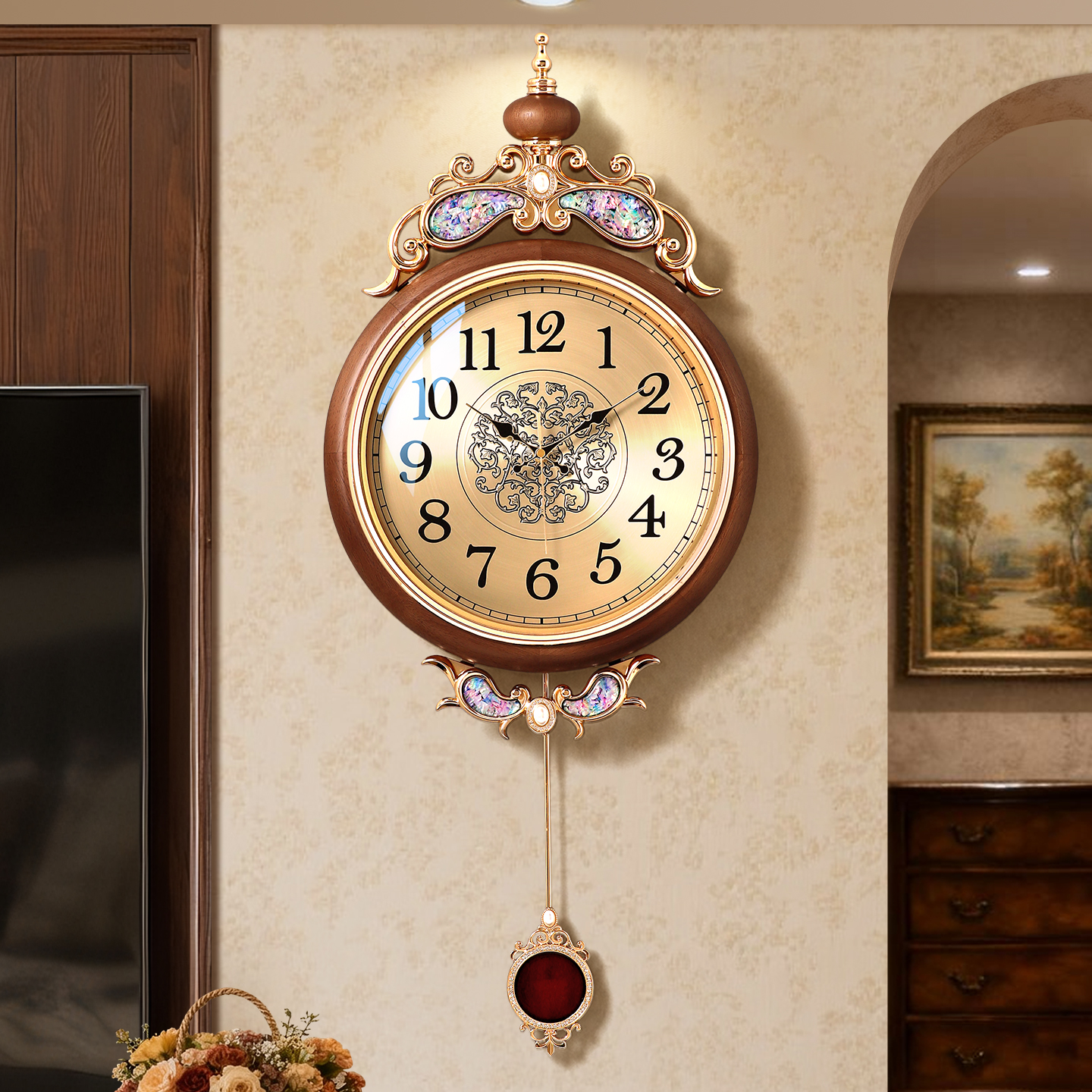 欧式复古实木挂钟高端大气客厅