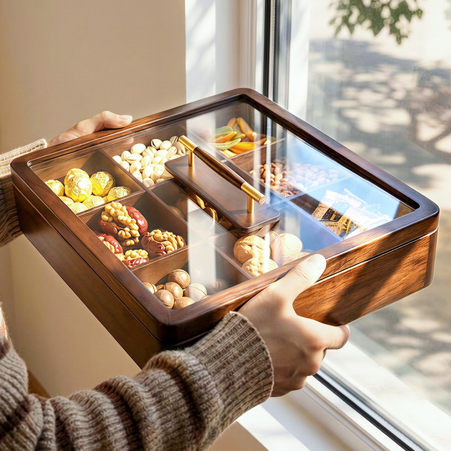 九宫格实木干果盘客厅家用精致坚果干果收纳盒轻奢高端茶几水果盘