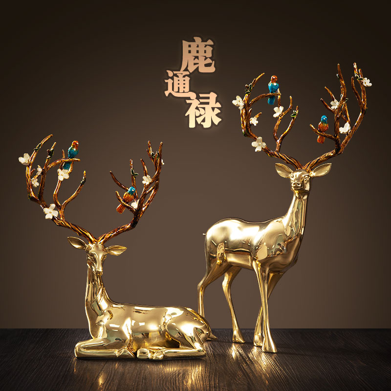 珐琅彩鹿铜加铅锡摆件
