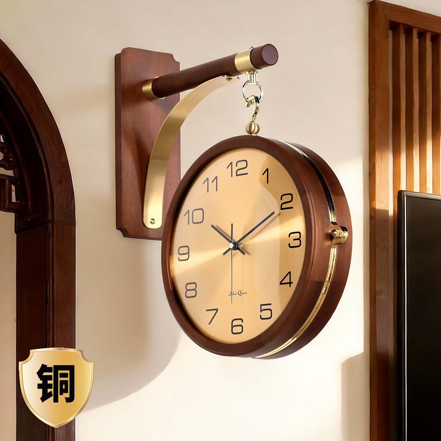 中古风欧式高级感客厅家用转角2026新款电子双面壁挂钟拐角时钟表