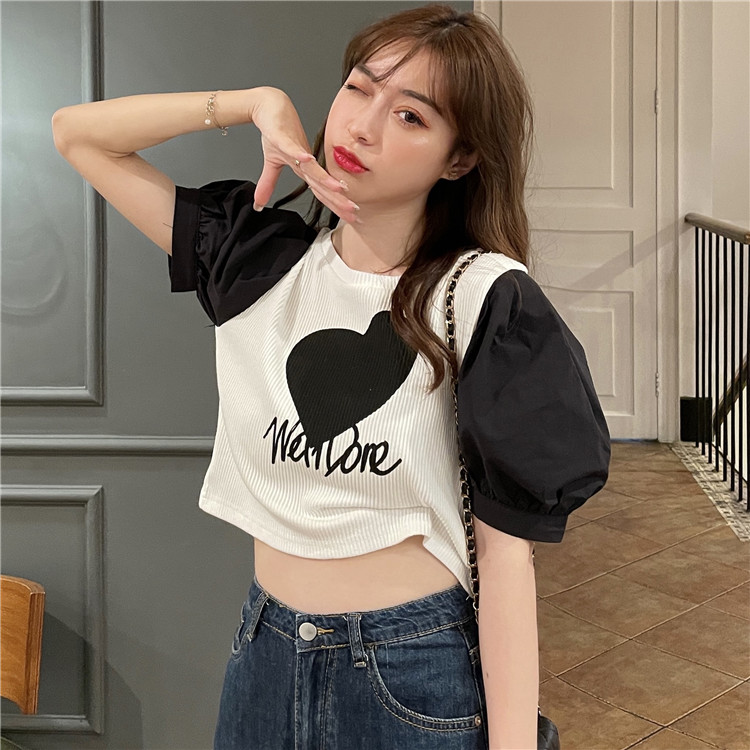 Real price foreign style contrast color stitching peach heart short slim short sleeve T-shirt