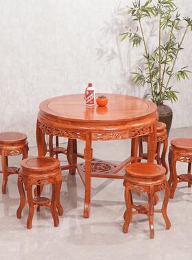 北方老榆木全实木圆餐桌中式小圆饭桌家用饭店圆形仿古餐桌椅组合