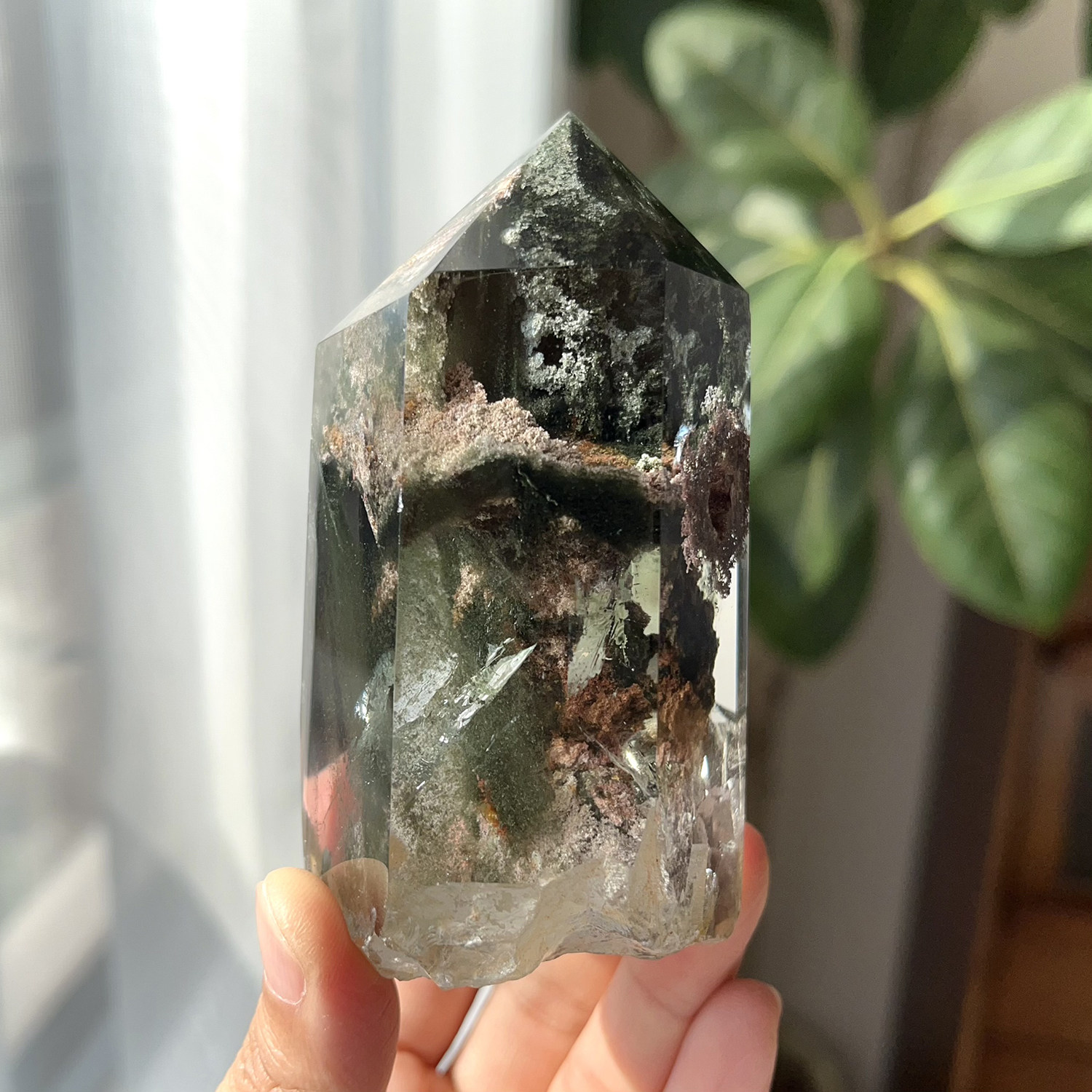 天然巴西绿幽灵柱子摆件