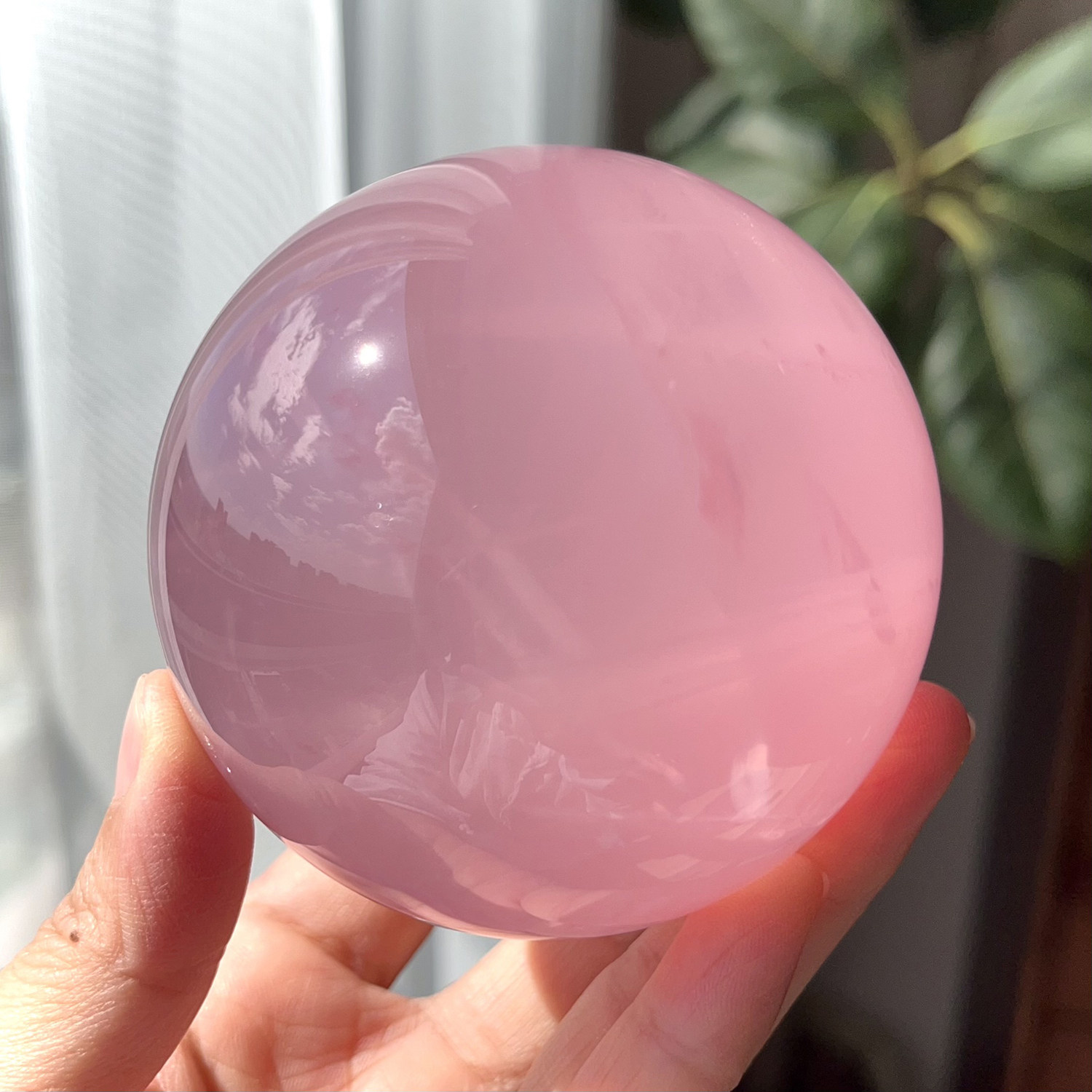 天然粉晶球星光马粉球颜色粉润