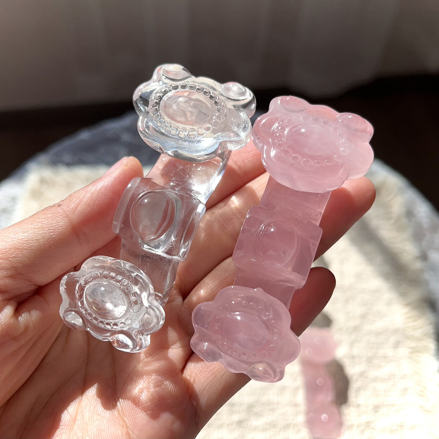 天然白水晶如意粉晶如意原石雕刻水晶吉祥如意送礼乔迁水晶摆件