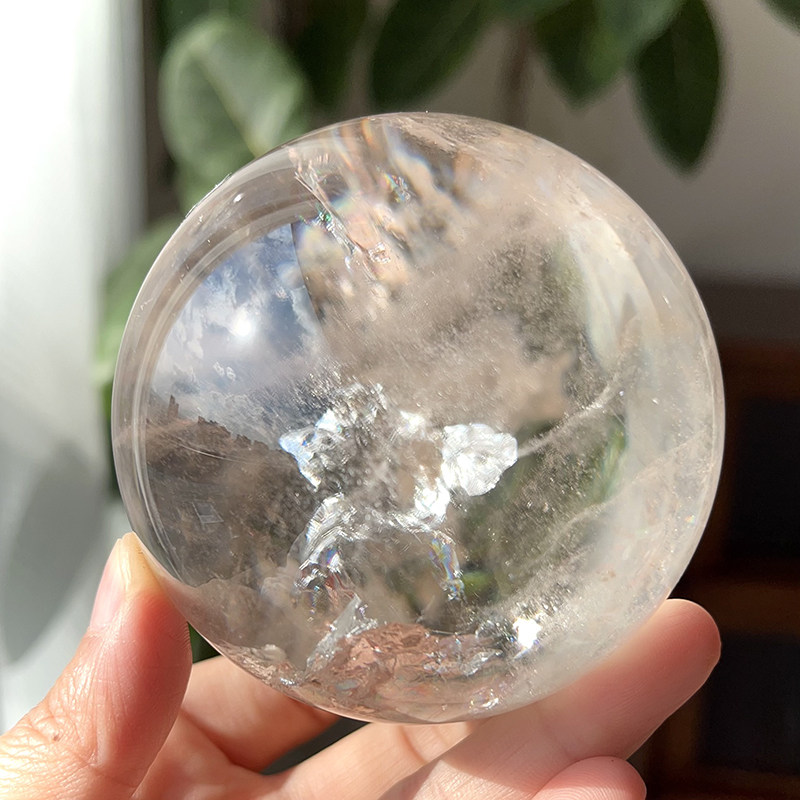 天然浅茶水晶球彩虹摆件