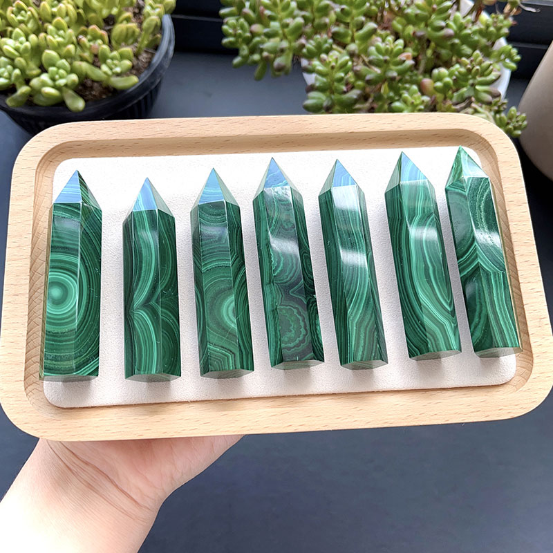 天然孔雀石柱子孔雀石单尖柱六棱柱颜色正纹理好看水晶柱饰品摆件