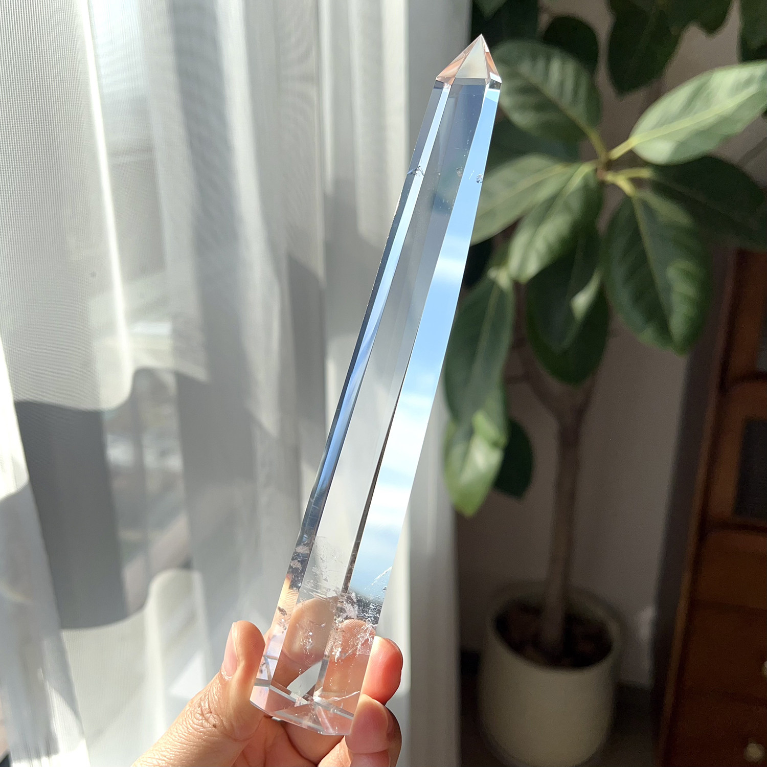 天然白水晶柱单尖柱摆件