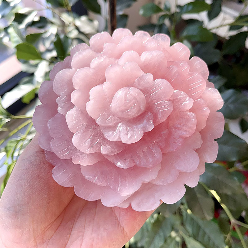 天然粉晶花朵粉晶山茶花颜色粉润粉晶原石雕刻水晶花朵饰品摆件