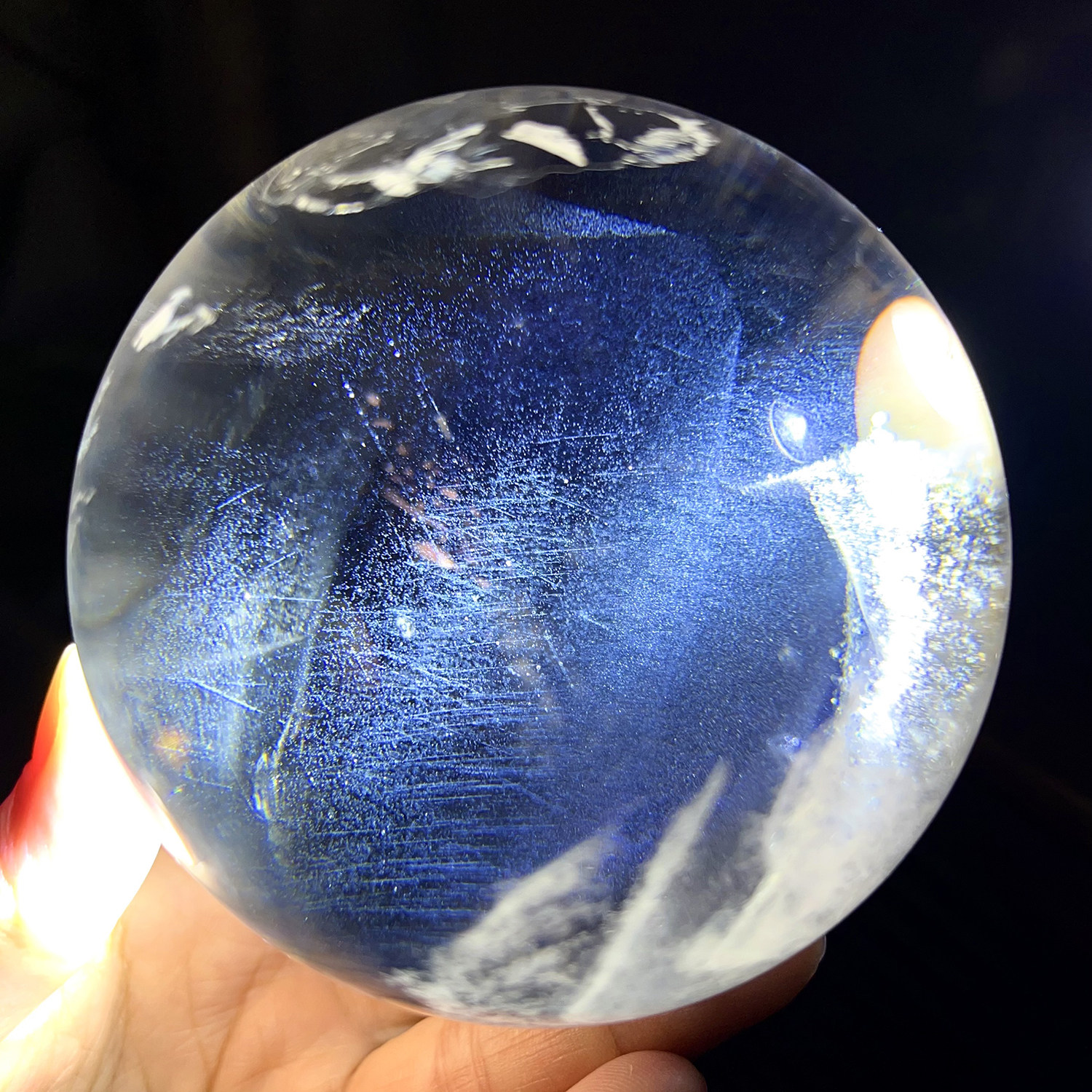 天然白水晶蓝针球摆件