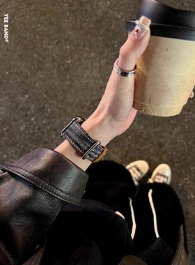 老钱风撞色丹宁复古苹果手表带适用applewatch3456S9SES7S8iwatch