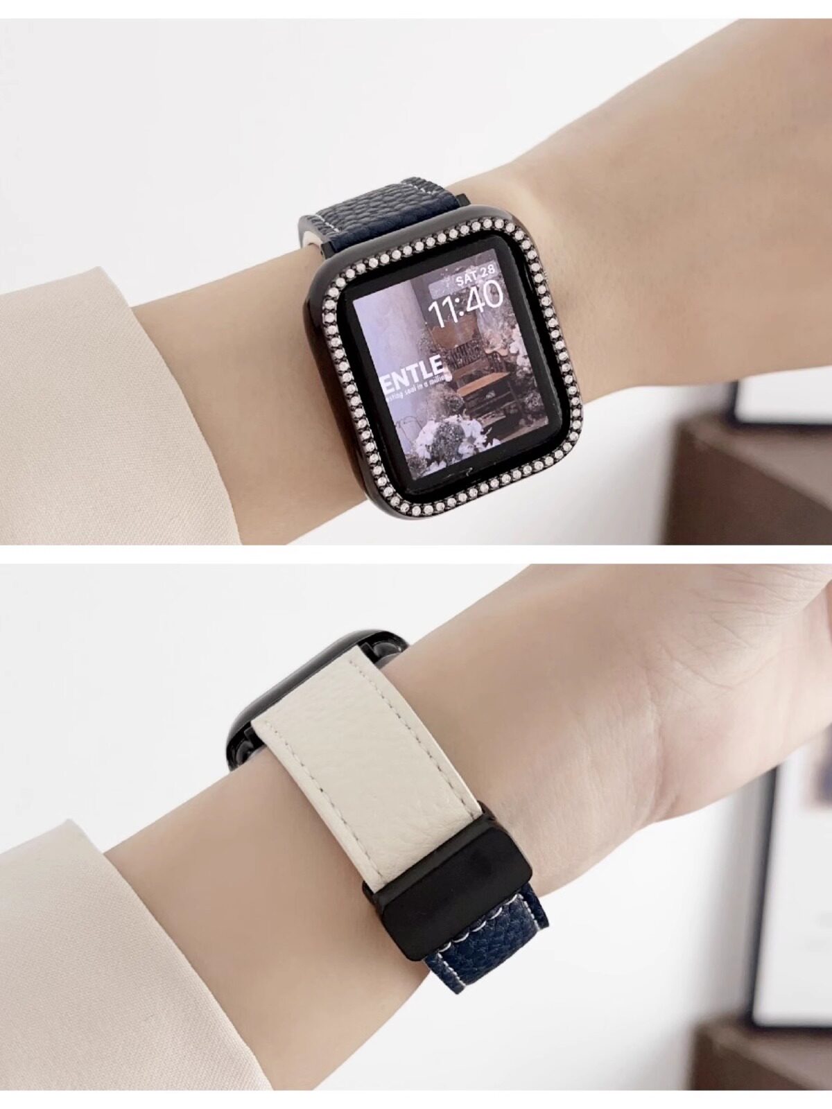 适用苹果s9手表带新款荔枝纹拼色applewatchs876/ultra磁吸扣表带