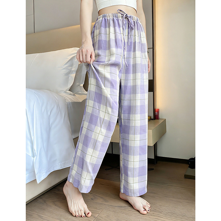 春秋大码纯棉家居裤女士薄款卡通格子长裤可外穿松紧腰弹力休闲裤