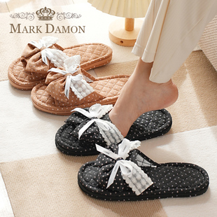 新款 布艺居家韩系软布底蝴蝶结女三层布底静音无声家居室内拖鞋