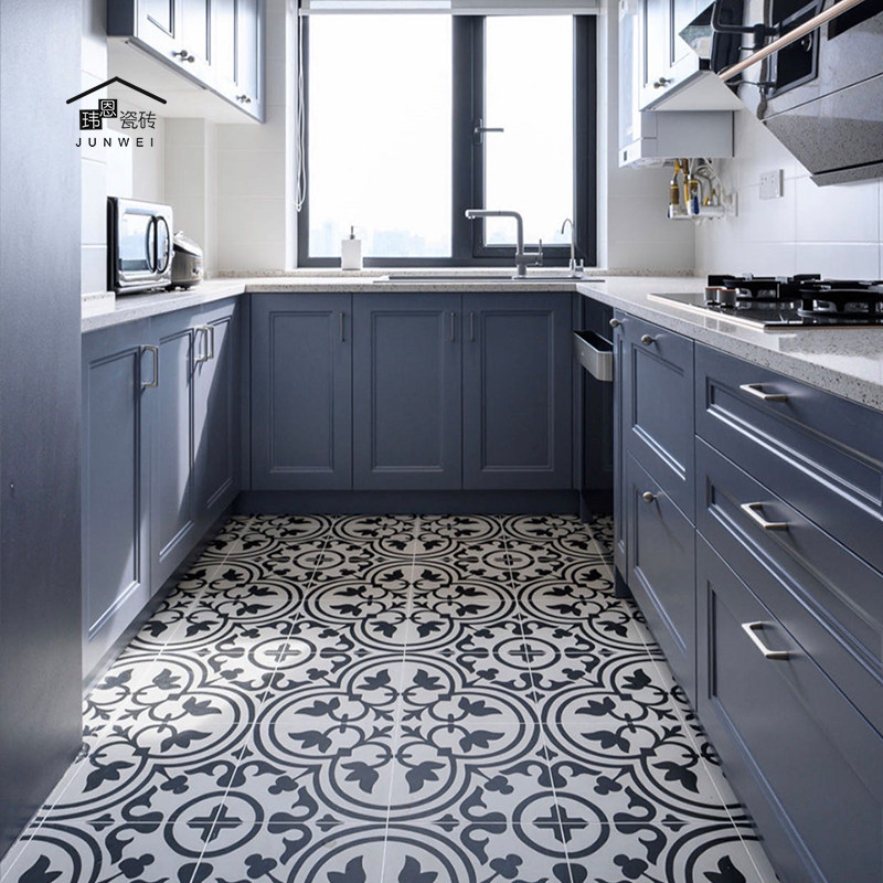 北欧风黑白几何小花砖300*300厨房墙砖餐厅卫生间阳台瓷砖地板砖