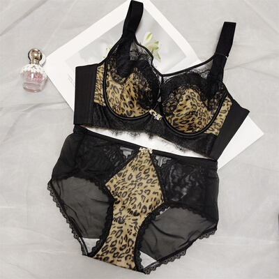 大码豹纹套装性感薄款软钢圈文胸