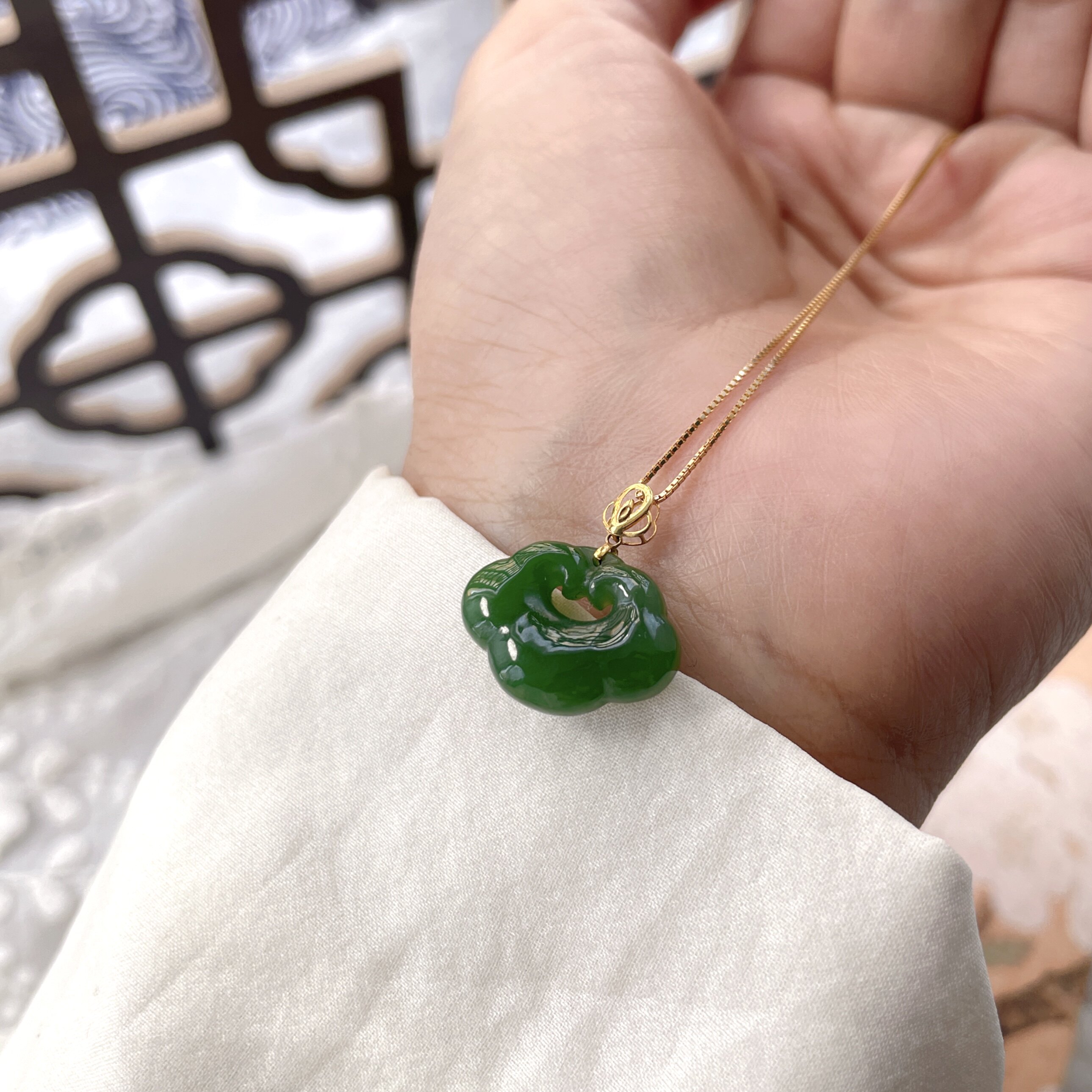 天然和田玉碧玉如意吊坠18k金镶嵌玉石迷你版挂件小号玉坠福利款