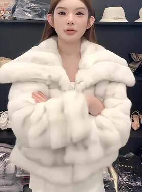 龙猫撞色仿皮草外套大衣翻领
