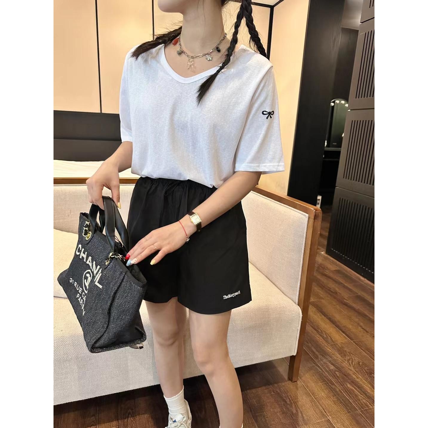 TRUSTME手袖蝴蝶结T休闲时尚纯色锁骨领韩版t恤