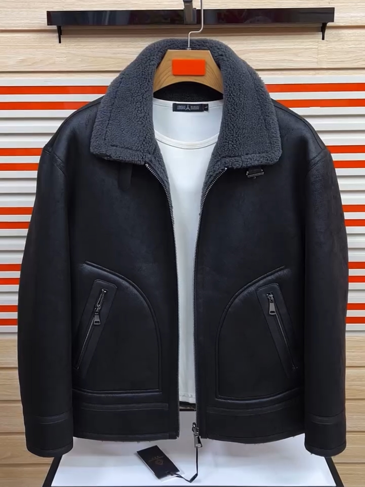 双面穿皮毛一体男冬季加绒加厚皮衣短款机车服夹克男装羊羔毛外套