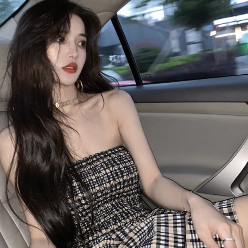 Spring and summer new women's wear high-grade check bra dress celebrity high-end skirt French retro niche