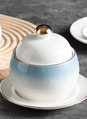 陶瓷炖盅家用白色带盖隔水炖罐燕窝蒸蛋碗瓦罐小汤盅金边中式酒店