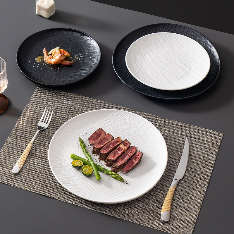 日式石纹西餐盘子带餐垫刀叉套装