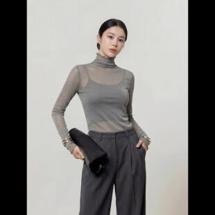 内搭时尚 宽松HBZW918246 百搭打底轻透微闪网纱高领打底衫 2025冬季