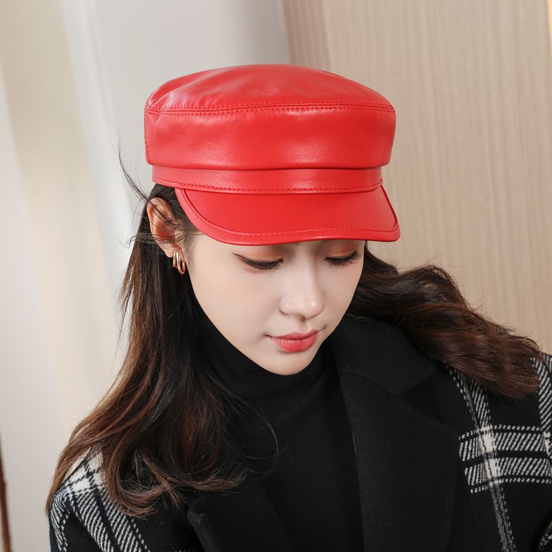 春秋冬款女真皮帽子复古气质羊皮反绒海军帽彩色鸭舌帽船长短沿